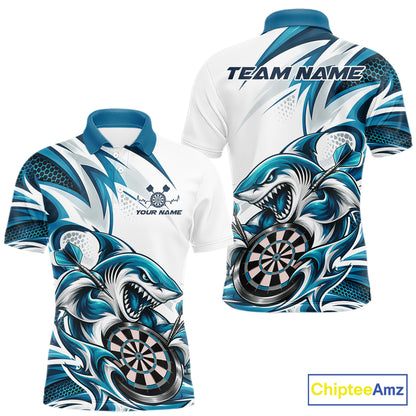 Custom White And Teal Blue Shark Dart Jersey, Dart Polo Shirt For Men Team Uniform IPHW12645