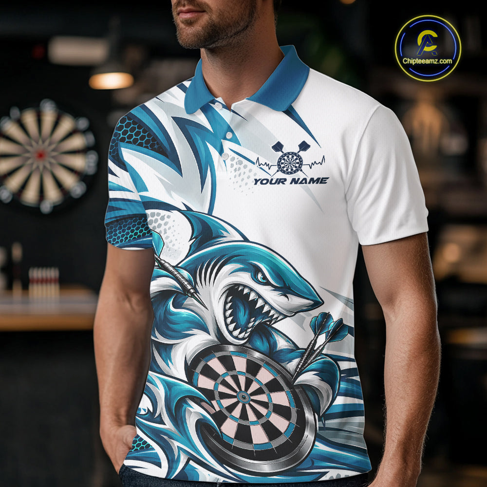 Custom White And Teal Blue Shark Dart Jersey, Dart Polo Shirt For Men Team Uniform IPHW12645