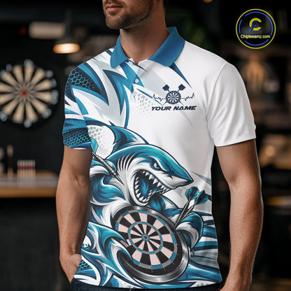 Custom White And Teal Blue Shark Dart Jersey, Dart Polo Shirt For Men Team Uniform IPHW12645