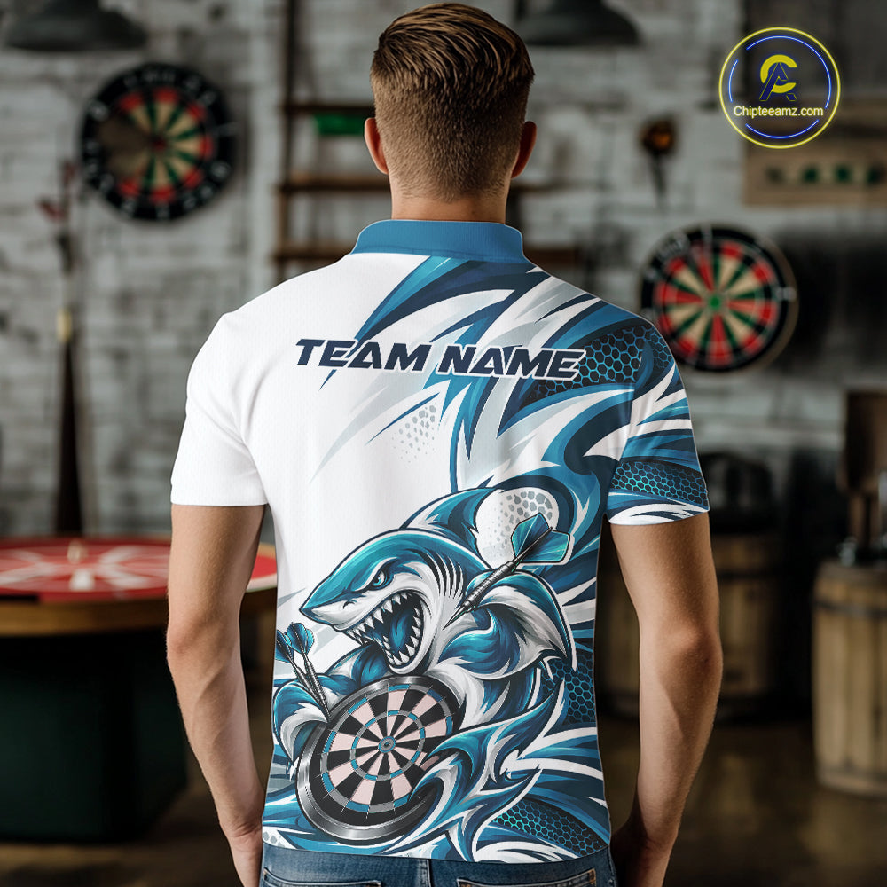 Custom White And Teal Blue Shark Dart Jersey, Dart Polo Shirt For Men Team Uniform IPHW12645