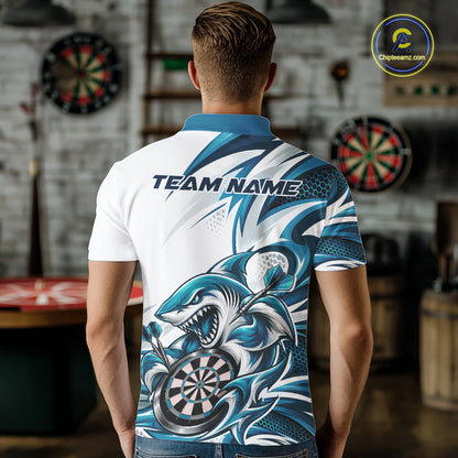 Custom White And Teal Blue Shark Dart Jersey, Dart Polo Shirt For Men Team Uniform IPHW12645