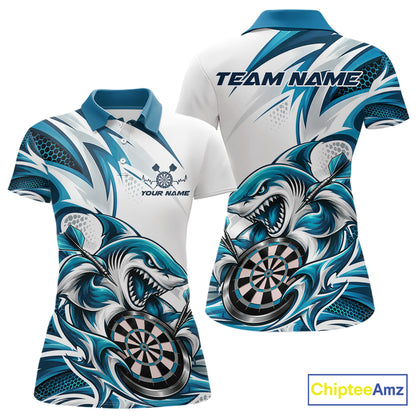 Custom White And Teal Blue Shark Dart Jersey, Dart Polo Shirt For Women Team Uniform IPHW12645