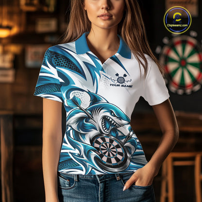Custom White And Teal Blue Shark Dart Jersey, Dart Polo Shirt For Women Team Uniform IPHW12645