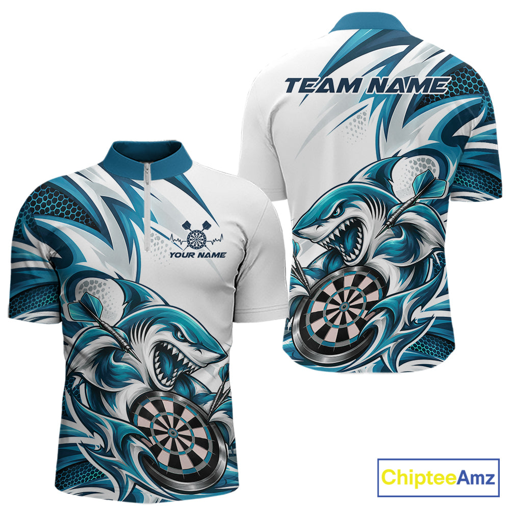 Custom White And Teal Blue Shark Dart Jersey, Dart Quarter Zip Shirt For Men Team Uniform IPHW12645