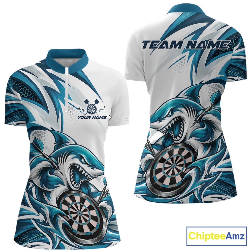 Custom White And Teal Blue Shark Dart Jersey, Dart Women Quarter-Zip Shirt Team Uniform IPHW12645