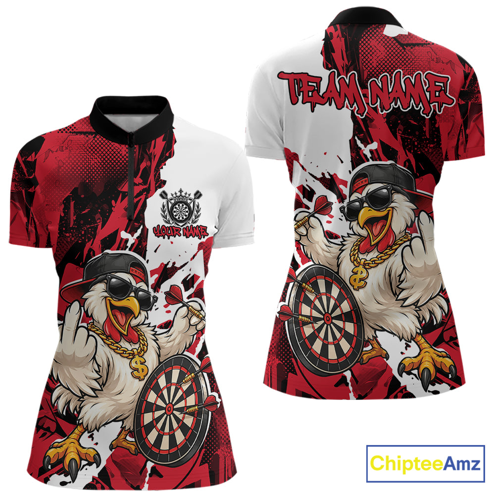 Custom Red Camo Funny Chicken Dart Quarter-Zip Shirt For Women, Hiphop Dart Jersey IPHW12658