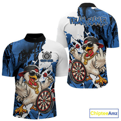 Custom Blue Camo Funny Chicken Dart Quarter Zip Shirt For Men, Hiphop Dart Jersey IPHW12659