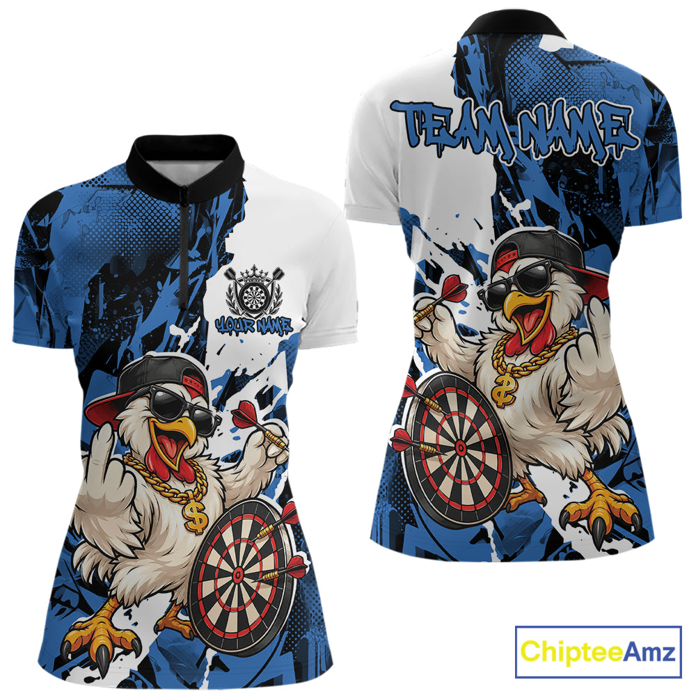 Custom Blue Camo Funny Chicken Dart Quarter-Zip Shirt For Women, Hiphop Dart Jersey IPHW12659