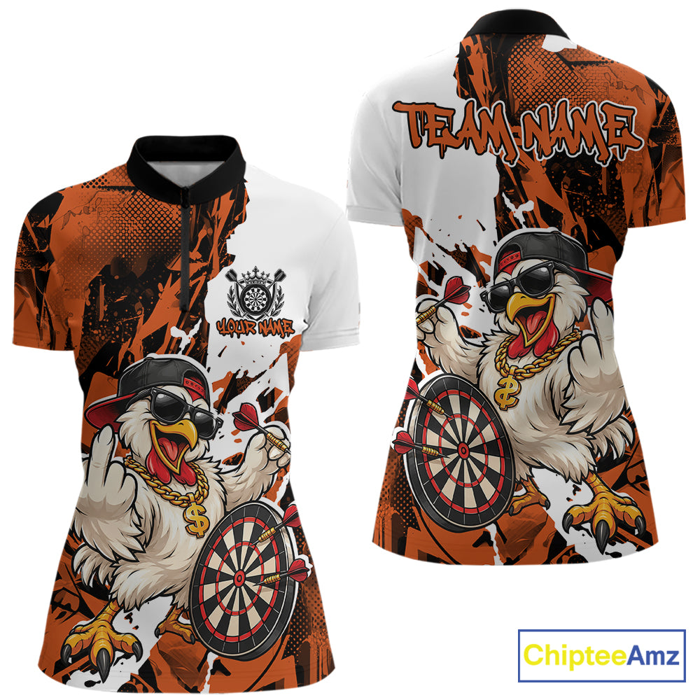 Custom Orange Camo Funny Chicken Dart Quarter-Zip Shirt For Women, Hiphop Dart Jersey IPHW12661