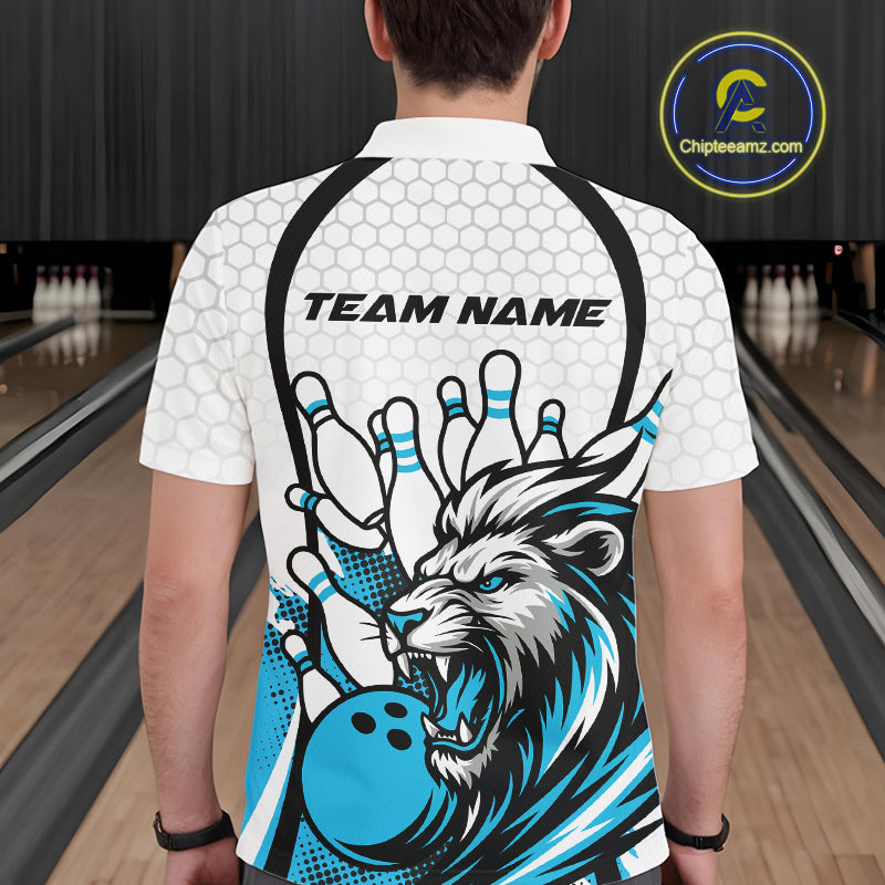 Custom Blue Lion Bowling Men Polo Shirt, Lion Bowling Team League Shirt IPHW10125