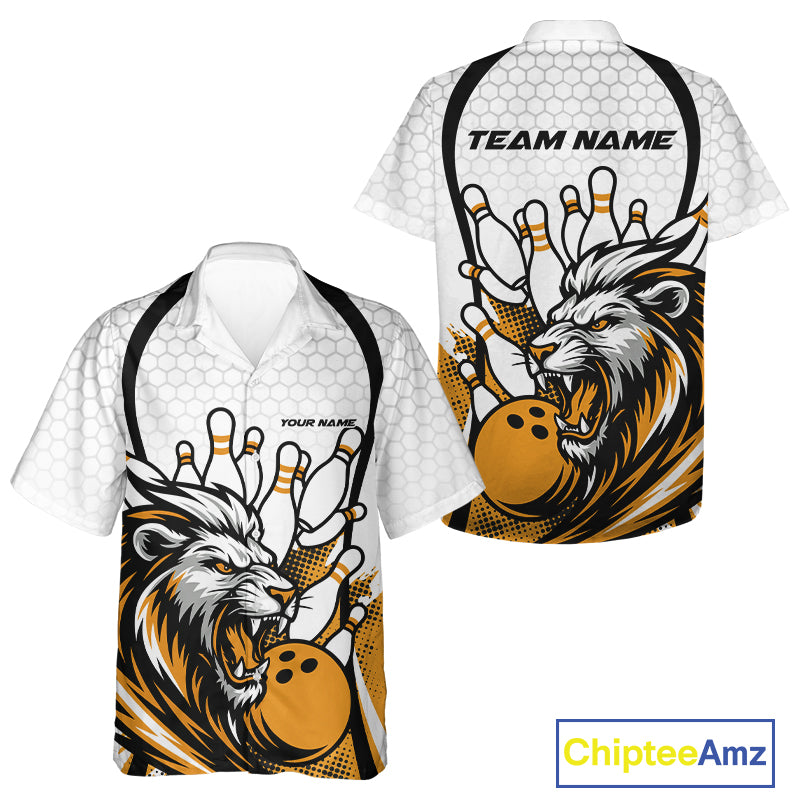 Custom Yellow Lion Bowling Men And Women Hawaiian Shirt, Lion Bowling Team League Shirt IPHW10126