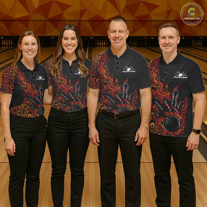 Custom Black And Red Orange Tribal Flame Bowling Ball Bowling Team Shirts, Polynesian Bowling Tournament Shirt IPHW10501
