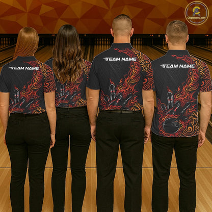 Custom Black And Red Orange Tribal Flame Bowling Ball Bowling Team Shirts, Polynesian Bowling Tournament Shirt IPHW10501