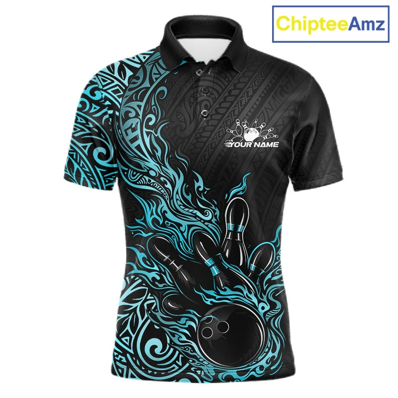 Custom Black And Blue Tribal Flame Bowling Ball Bowling Team Shirts, Polynesian Bowling Tournament Shirt IPHW10502