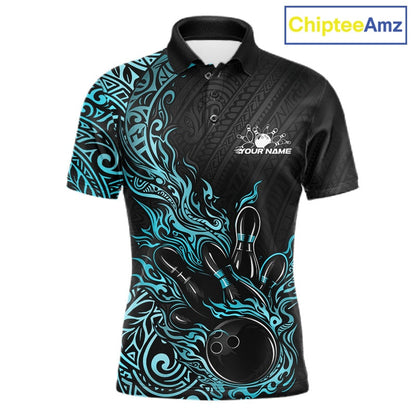 Custom Black And Blue Tribal Flame Bowling Ball Bowling Team Shirts, Polynesian Bowling Tournament Shirt IPHW10502