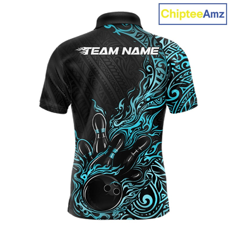 Custom Black And Blue Tribal Flame Bowling Ball Bowling Team Shirts, Polynesian Bowling Tournament Shirt IPHW10502