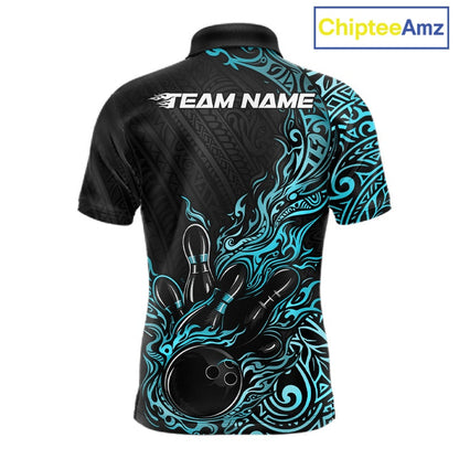 Custom Black And Blue Tribal Flame Bowling Ball Bowling Team Shirts, Polynesian Bowling Tournament Shirt IPHW10502