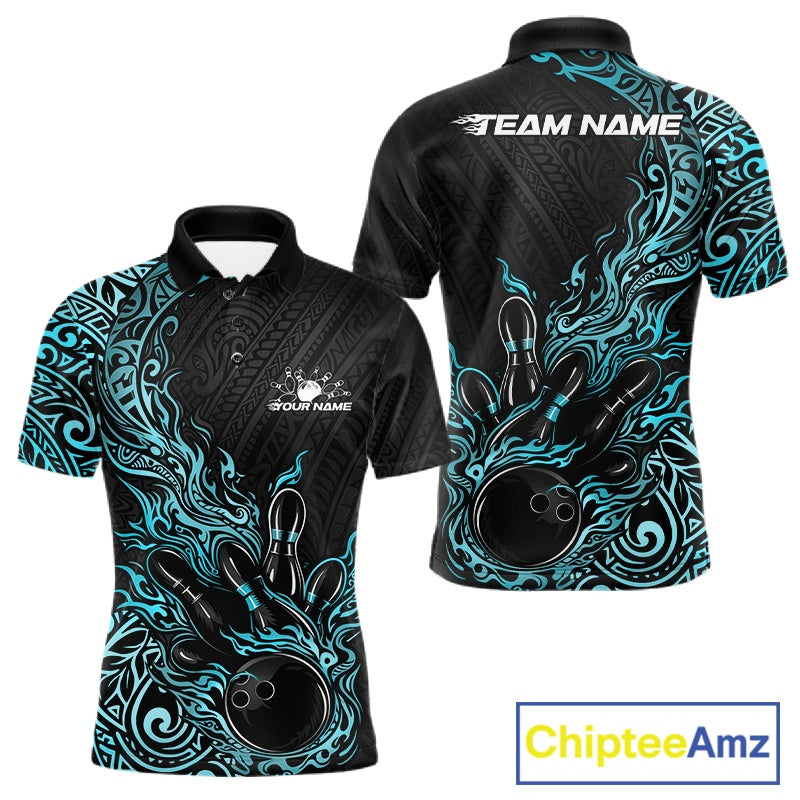 Custom Black And Blue Tribal Flame Bowling Ball Bowling Team Shirts, Polynesian Bowling Tournament Shirt IPHW10502