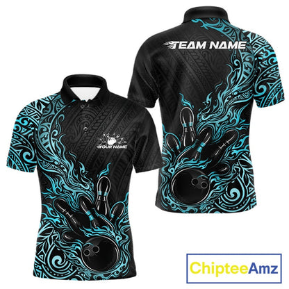 Custom Black And Blue Tribal Flame Bowling Ball Bowling Team Shirts, Polynesian Bowling Tournament Shirt IPHW10502