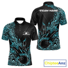 Load image into Gallery viewer, Custom Black And Blue Tribal Flame Bowling Ball Bowling Team Shirts, Polynesian Bowling Tournament Shirt IPHW10502