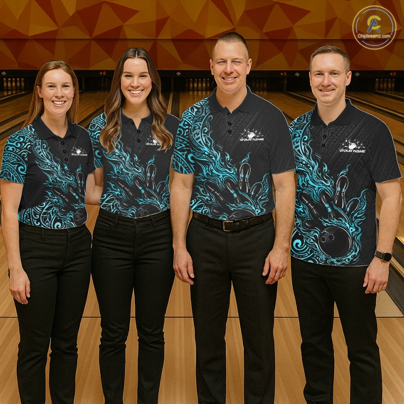 Custom Black And Blue Tribal Flame Bowling Ball Bowling Team Shirts, Polynesian Bowling Tournament Shirt IPHW10502