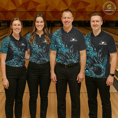 Custom Black And Blue Tribal Flame Bowling Ball Bowling Team Shirts, Polynesian Bowling Tournament Shirt IPHW10502