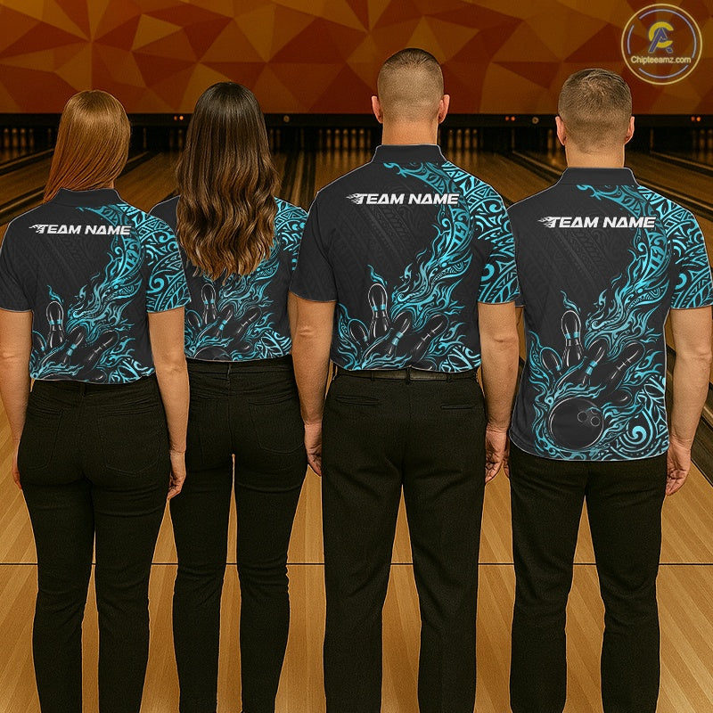 Custom Black And Blue Tribal Flame Bowling Ball Bowling Team Shirts, Polynesian Bowling Tournament Shirt IPHW10502