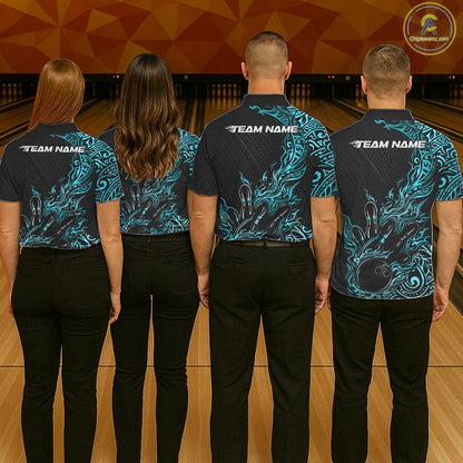 Custom Black And Blue Tribal Flame Bowling Ball Bowling Team Shirts, Polynesian Bowling Tournament Shirt IPHW10502