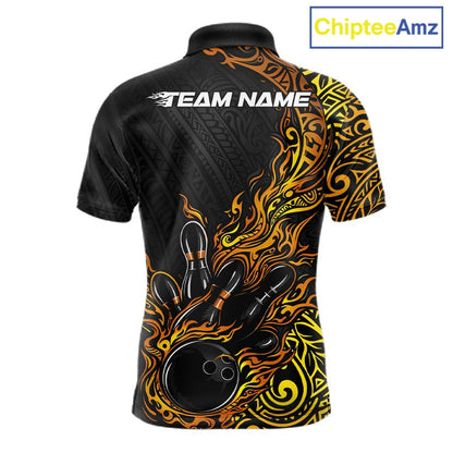 Custom Black And Gold Tribal Flame Bowling Ball Bowling Team Shirts, Polynesian Bowling Tournament Shirt IPHW10503
