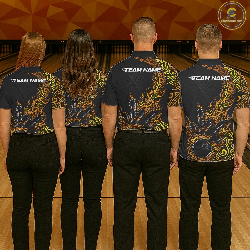 Custom Black And Gold Tribal Flame Bowling Ball Bowling Team Shirts, Polynesian Bowling Tournament Shirt IPHW10503