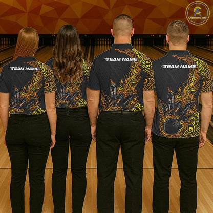 Custom Black And Gold Tribal Flame Bowling Ball Bowling Team Shirts, Polynesian Bowling Tournament Shirt IPHW10503