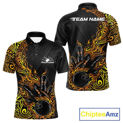 Custom Black And Gold Tribal Flame Bowling Ball Bowling Team Shirts, Polynesian Bowling Tournament Shirt IPHW10503