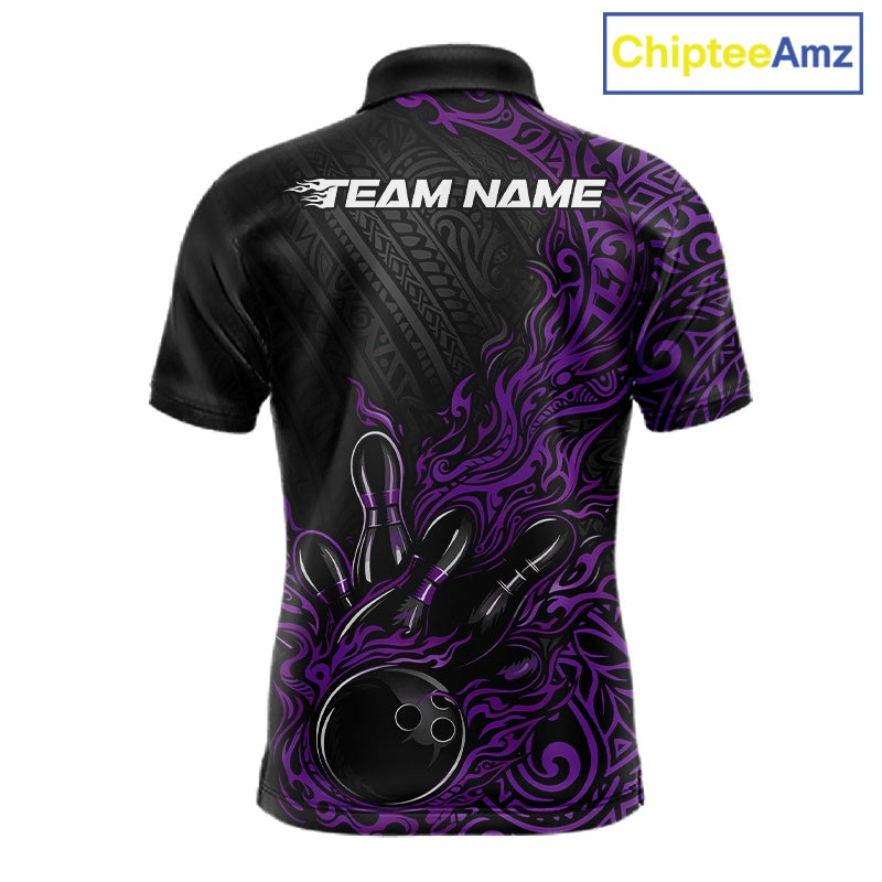 Custom Black And Purple Tribal Flame Bowling Ball Bowling Team Shirts, Polynesian Bowling Tournament Shirt IPHW10505