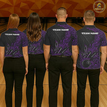 Load image into Gallery viewer, Custom Black And Purple Tribal Flame Bowling Ball Bowling Team Shirts, Polynesian Bowling Tournament Shirt IPHW10505