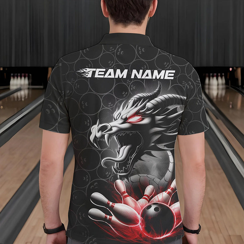 Custom Black And Red Dragon Bowling Men Polo Shirts, Bowling Pattern Dragon Bowler Outfit IPHW8916