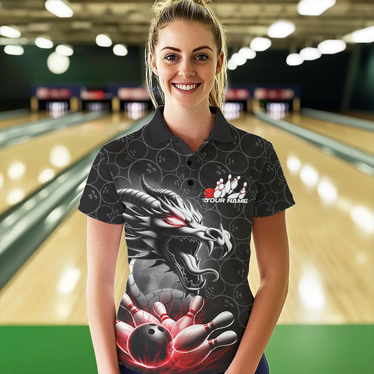 Custom Black And Red Dragon Bowling Women Polo Shirts, Bowling Pattern Dragon Bowler Outfit IPHW8916