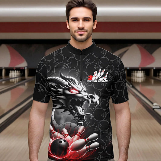 Custom Black And Red Dragon Bowling Men Quarter-Zip Shirts, Bowling Pattern Dragon Bowler Outfit IPHW8916