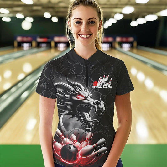 Custom Black And Red Dragon Bowling Women Quarter-Zip Shirts, Dragon Bowler Outfit IPHW8916