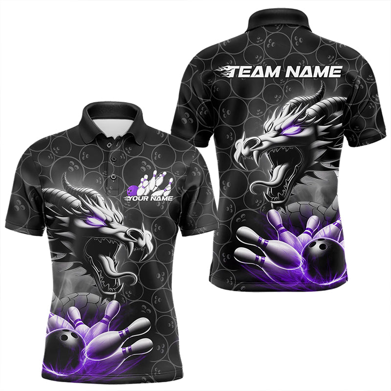 Custom Black And Purple Dragon Bowling Men Polo Shirts, Bowling Pattern Dragon Bowler Outfit IPHW8917