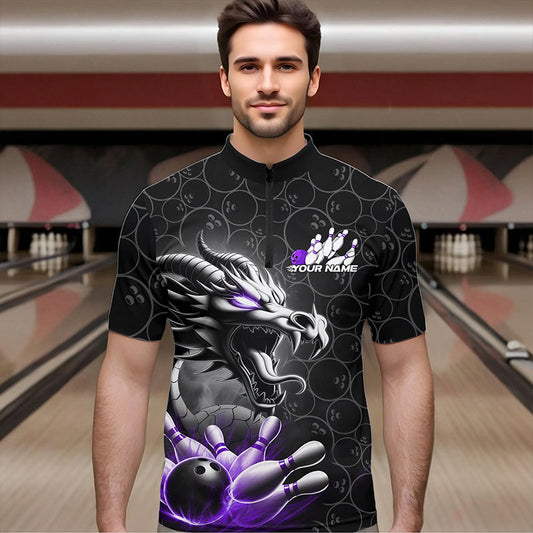 Custom Black And Purple Dragon Bowling Men Quarter-Zip Shirts, Bowling Pattern Dragon Bowler Outfit IPHW8917