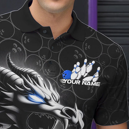 Custom Black And Blue Dragon Bowling Men Polo Shirts, Bowling Pattern Dragon Bowler Outfit IPHW8918