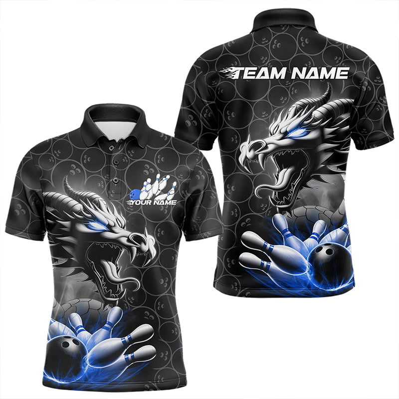Custom Black And Blue Dragon Bowling Men Polo Shirts, Bowling Pattern Dragon Bowler Outfit IPHW8918
