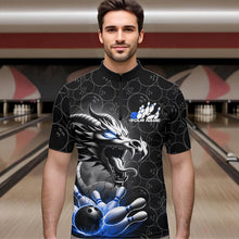 Load image into Gallery viewer, Custom Black And Blue Dragon Bowling Men Quarter-Zip Shirts, Bowling Pattern Dragon Bowler Outfit IPHW8918