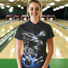 Load image into Gallery viewer, Custom Black And Blue Dragon Bowling Women Quarter-Zip Shirts, Dragon Bowler Outfit IPHW8918