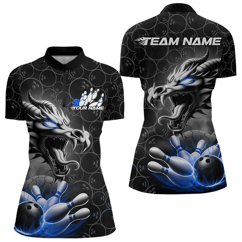 Custom Black And Blue Dragon Bowling Women Quarter-Zip Shirts, Dragon Bowler Outfit IPHW8918