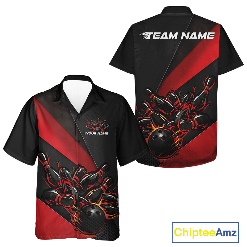 Front and back view of a black and red button-up bowling shirt mockup featuring flame bowling ball and pins energetic sports graphics.