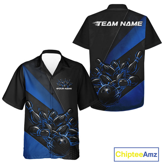 Front and back view of a black and blue button-up bowling shirt mockup showcasing flame bowling ball and pins bold athletic illustration.