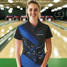 Load image into Gallery viewer, Custom Black And Blue Flame Women Bowling Team Shirts, Bowling League Shirt Bowler Jerseys IPHW11291
