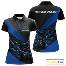 Load image into Gallery viewer, Custom Black And Blue Flame Women Bowling Team Shirts, Bowling League Shirt Bowler Jerseys IPHW11291