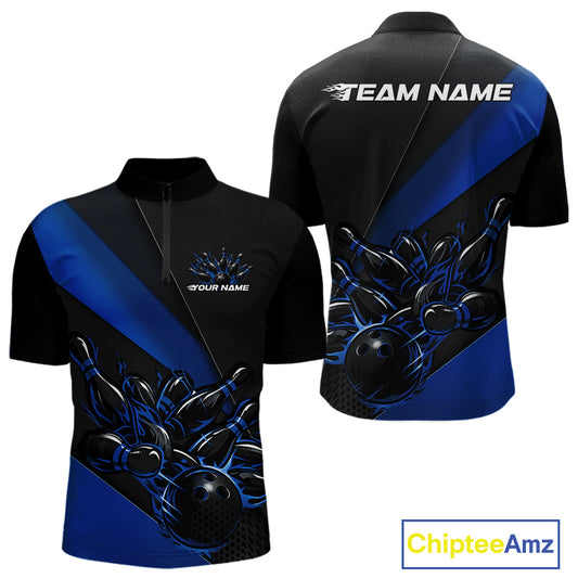 Front and back apparel mockup showing a black and blue men’s quarter zip shirt with flame bowling ball striking pins, presented in a clean studio-style layout.